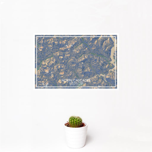 12x18 North Cascades National Park Map Print Landscape Orientation in Afternoon Style With Small Cactus Plant in White Planter