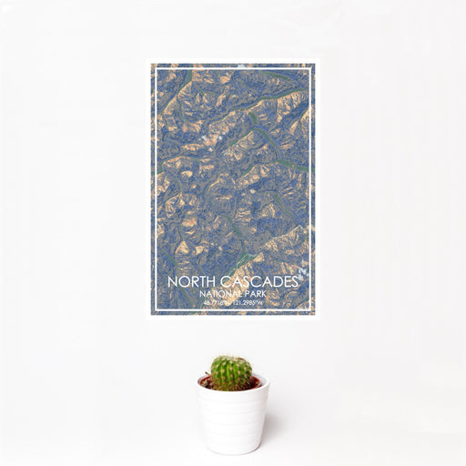 12x18 North Cascades National Park Map Print Portrait Orientation in Afternoon Style With Small Cactus Plant in White Planter