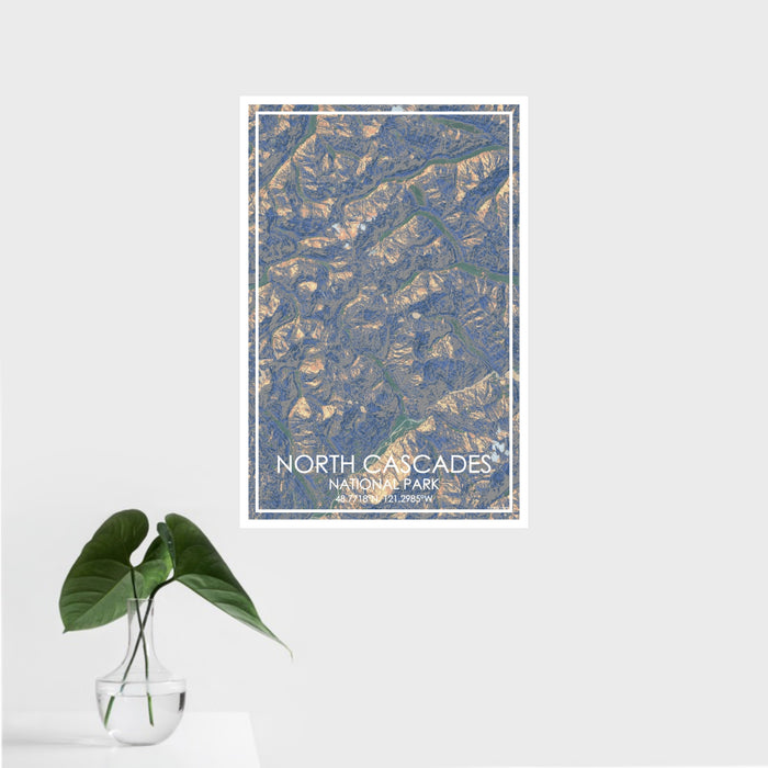 16x24 North Cascades National Park Map Print Portrait Orientation in Afternoon Style With Tropical Plant Leaves in Water