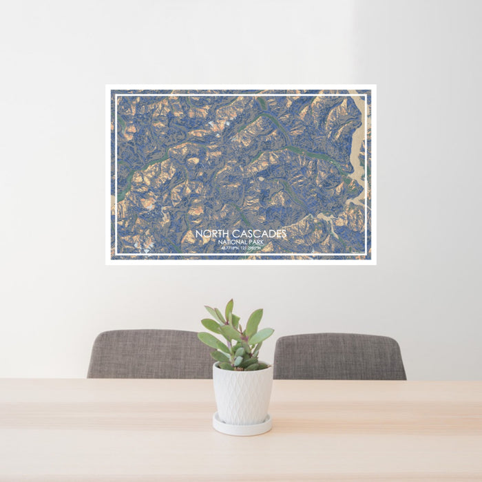 24x36 North Cascades National Park Map Print Lanscape Orientation in Afternoon Style Behind 2 Chairs Table and Potted Plant