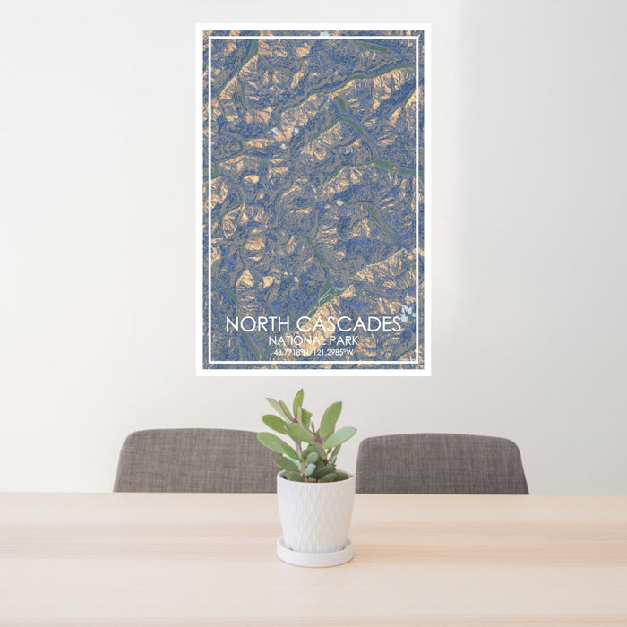 24x36 North Cascades National Park Map Print Portrait Orientation in Afternoon Style Behind 2 Chairs Table and Potted Plant