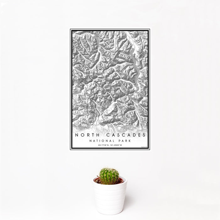 12x18 North Cascades National Park Map Print Portrait Orientation in Classic Style With Small Cactus Plant in White Planter