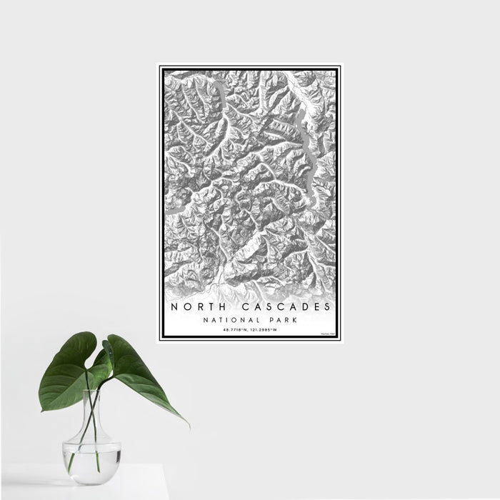 16x24 North Cascades National Park Map Print Portrait Orientation in Classic Style With Tropical Plant Leaves in Water