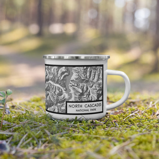 Right View Custom North Cascades National Park Map Enamel Mug in Classic on Grass With Trees in Background