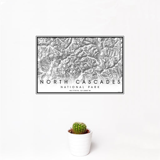12x18 North Cascades National Park Map Print Landscape Orientation in Classic Style With Small Cactus Plant in White Planter