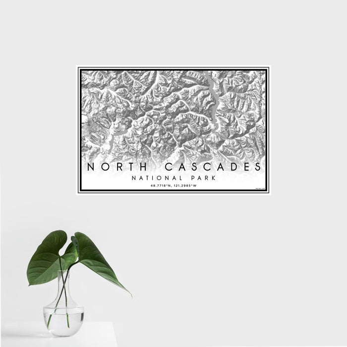 16x24 North Cascades National Park Map Print Landscape Orientation in Classic Style With Tropical Plant Leaves in Water