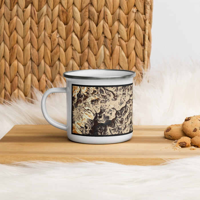 Left View Custom North Cascades National Park Map Enamel Mug in Ember on Table Top