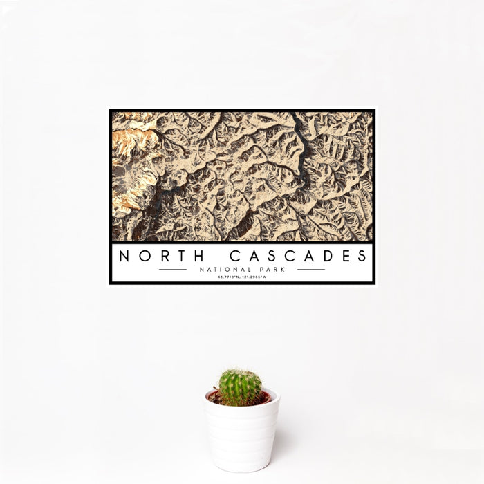 12x18 North Cascades National Park Map Print Landscape Orientation in Ember Style With Small Cactus Plant in White Planter