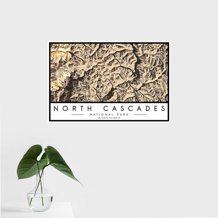 16x24 North Cascades National Park Map Print Landscape Orientation in Ember Style With Tropical Plant Leaves in Water