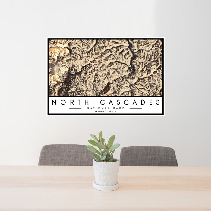 24x36 North Cascades National Park Map Print Landscape Orientation in Ember Style Behind 2 Chairs Table and Potted Plant