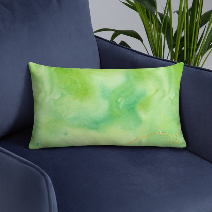 Custom North Cascades National Park Map Throw Pillow in Watercolor on Blue Colored Chair