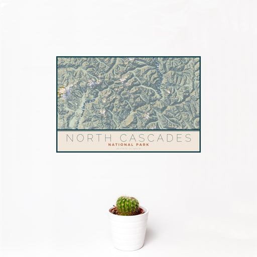 12x18 North Cascades National Park Map Print Landscape Orientation in Woodblock Style With Small Cactus Plant in White Planter