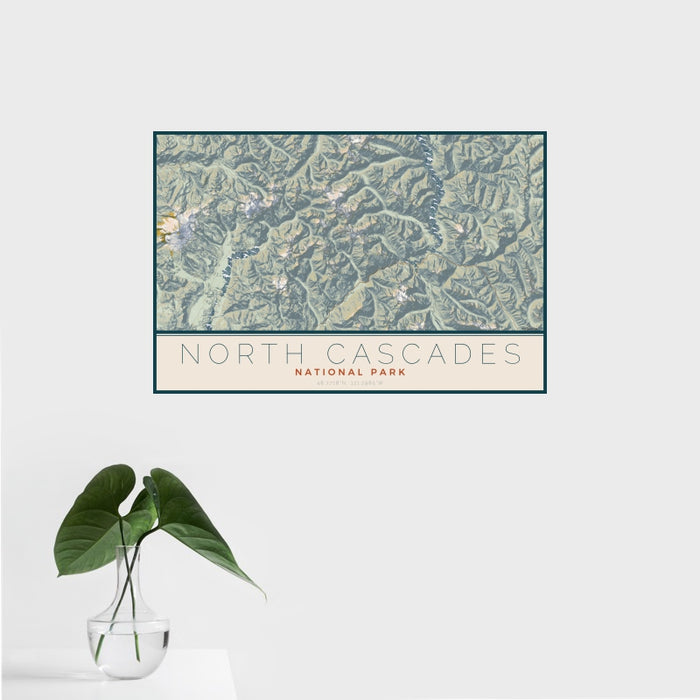16x24 North Cascades National Park Map Print Landscape Orientation in Woodblock Style With Tropical Plant Leaves in Water