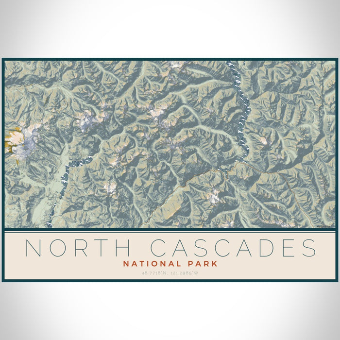 North Cascades National Park Map Print Landscape Orientation in Woodblock Style With Shaded Background
