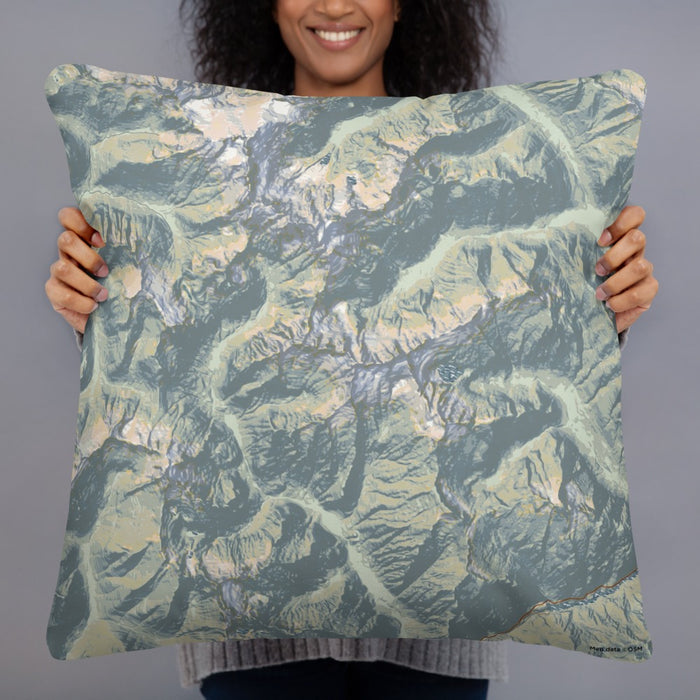 Person holding 22x22 Custom North Cascades National Park Map Throw Pillow in Woodblock