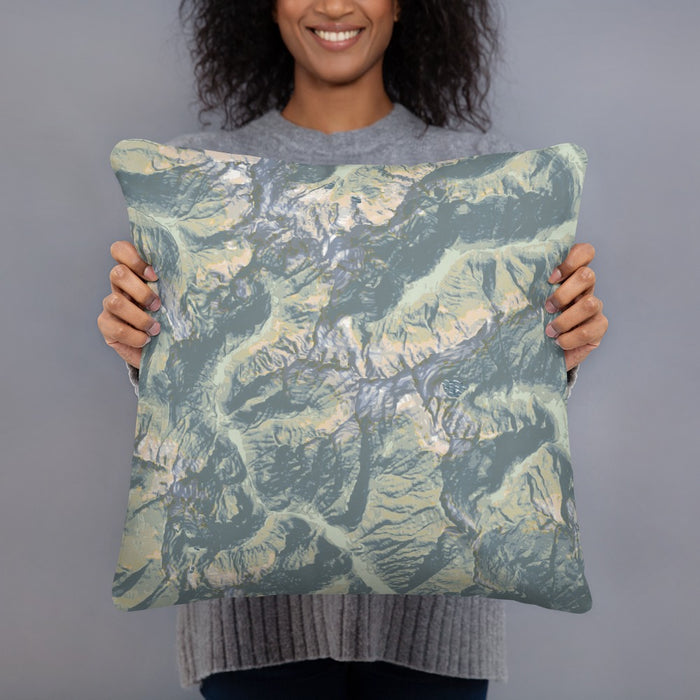 Person holding 18x18 Custom North Cascades National Park Map Throw Pillow in Woodblock