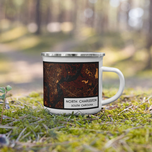 Right View Custom North Charleston South Carolina Map Enamel Mug in Ember on Grass With Trees in Background
