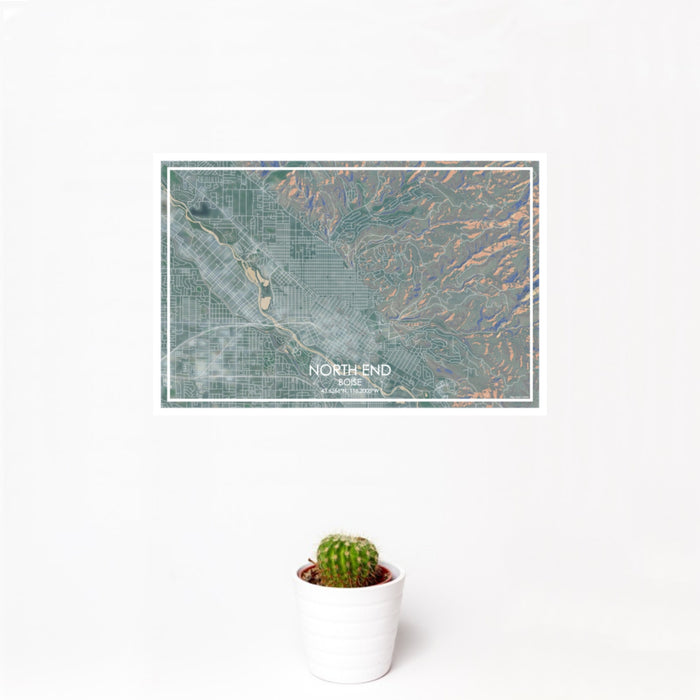 12x18 North End Boise Map Print Landscape Orientation in Afternoon Style With Small Cactus Plant in White Planter