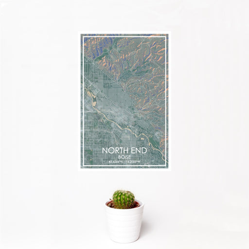 12x18 North End Boise Map Print Portrait Orientation in Afternoon Style With Small Cactus Plant in White Planter