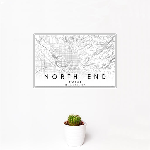 12x18 North End Boise Map Print Landscape Orientation in Classic Style With Small Cactus Plant in White Planter