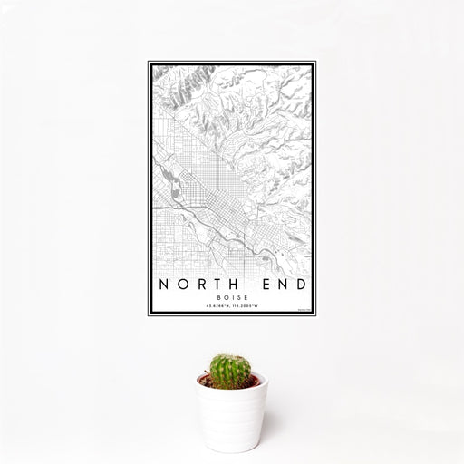 12x18 North End Boise Map Print Portrait Orientation in Classic Style With Small Cactus Plant in White Planter