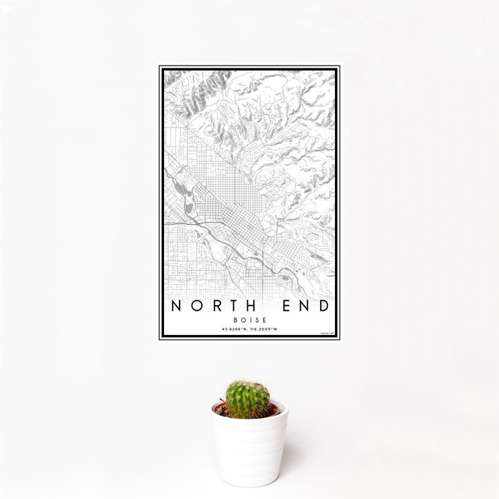 12x18 North End Boise Map Print Portrait Orientation in Classic Style With Small Cactus Plant in White Planter