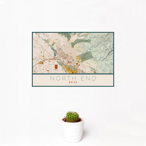 12x18 North End Boise Map Print Landscape Orientation in Woodblock Style With Small Cactus Plant in White Planter