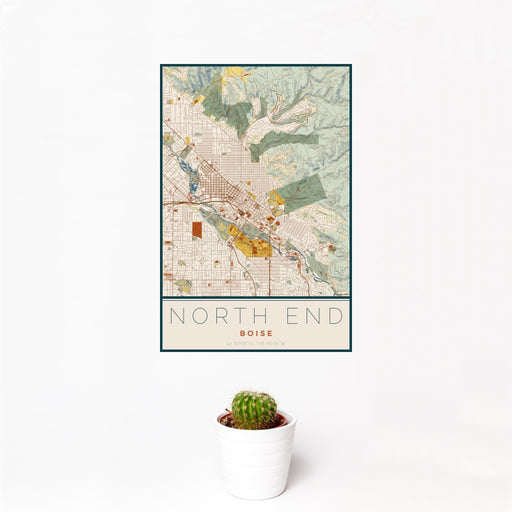 12x18 North End Boise Map Print Portrait Orientation in Woodblock Style With Small Cactus Plant in White Planter