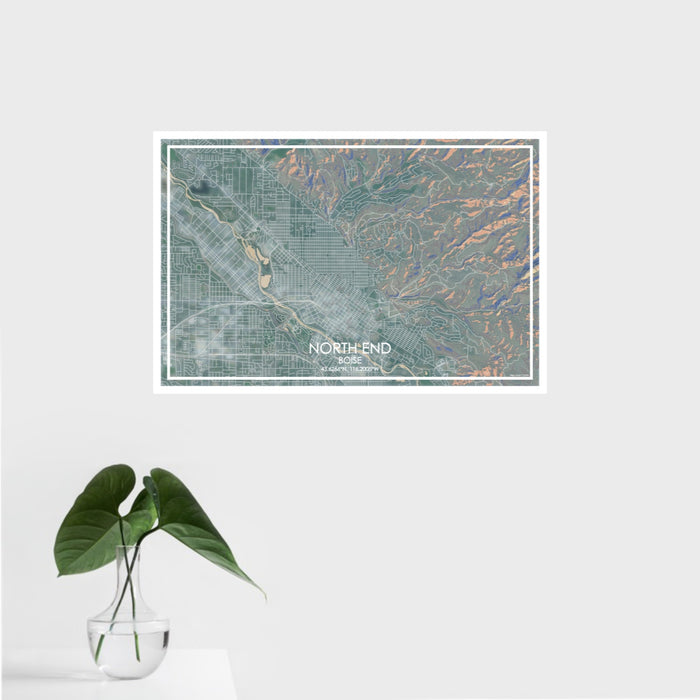 16x24 North End Boise Map Print Landscape Orientation in Afternoon Style With Tropical Plant Leaves in Water