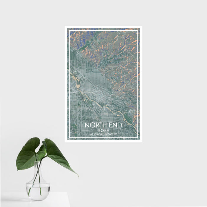 16x24 North End Boise Map Print Portrait Orientation in Afternoon Style With Tropical Plant Leaves in Water