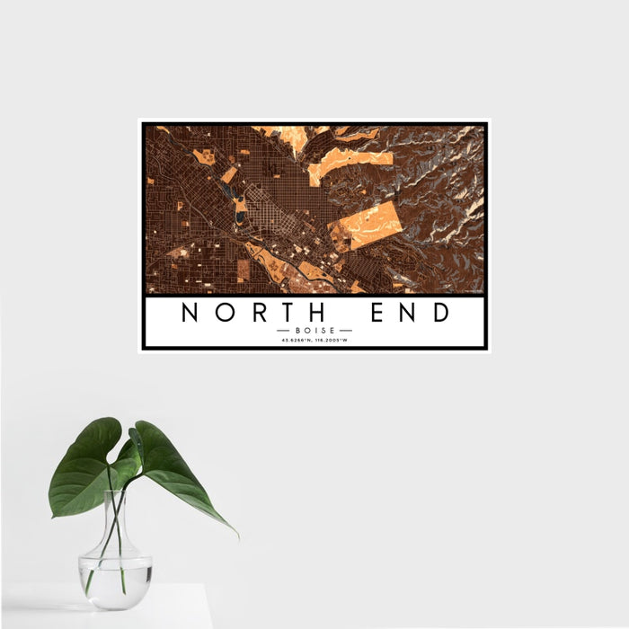 16x24 North End Boise Map Print Landscape Orientation in Ember Style With Tropical Plant Leaves in Water