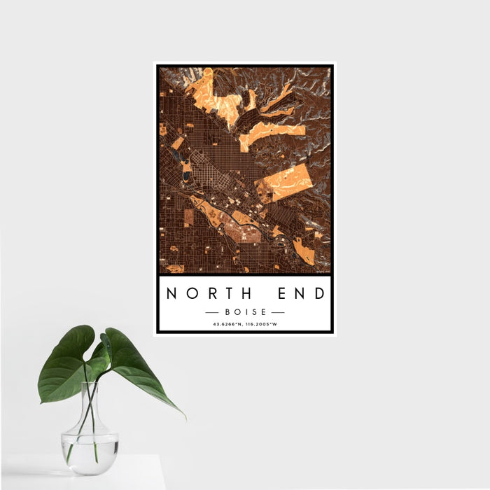 16x24 North End Boise Map Print Portrait Orientation in Ember Style With Tropical Plant Leaves in Water
