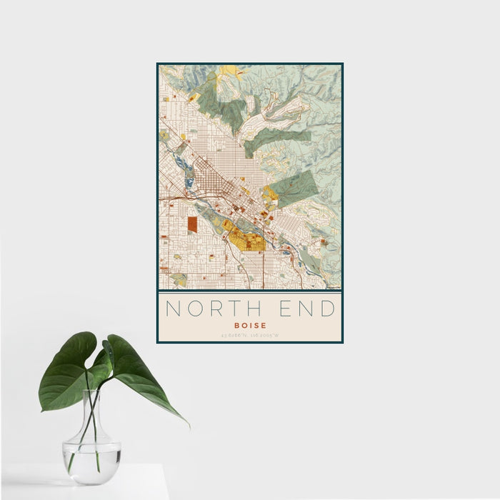 16x24 North End Boise Map Print Portrait Orientation in Woodblock Style With Tropical Plant Leaves in Water