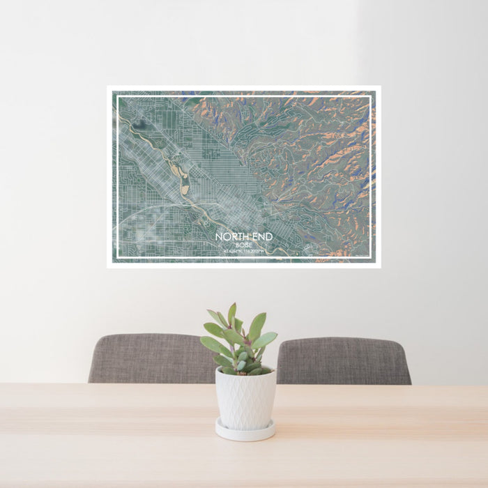 24x36 North End Boise Map Print Lanscape Orientation in Afternoon Style Behind 2 Chairs Table and Potted Plant