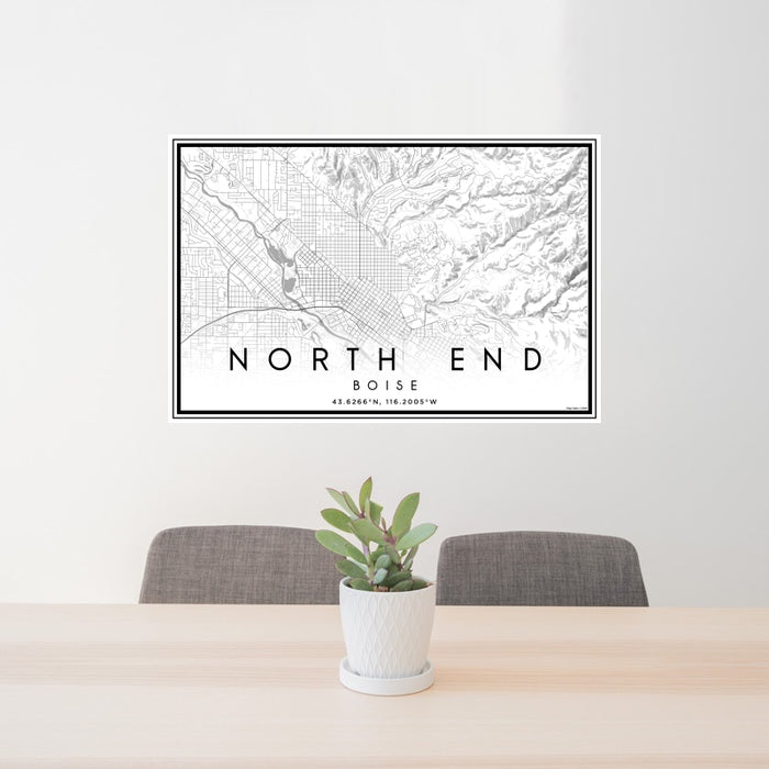 24x36 North End Boise Map Print Lanscape Orientation in Classic Style Behind 2 Chairs Table and Potted Plant