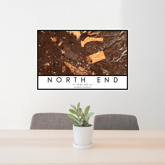 24x36 North End Boise Map Print Lanscape Orientation in Ember Style Behind 2 Chairs Table and Potted Plant