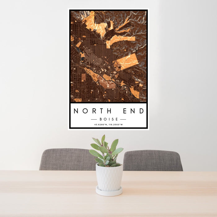 24x36 North End Boise Map Print Portrait Orientation in Ember Style Behind 2 Chairs Table and Potted Plant