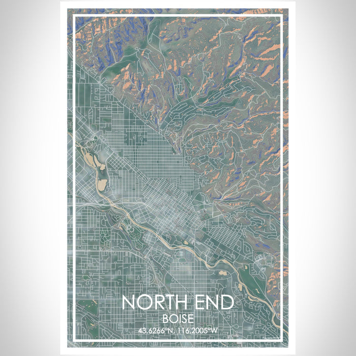 North End Boise Map Print Portrait Orientation in Afternoon Style With Shaded Background