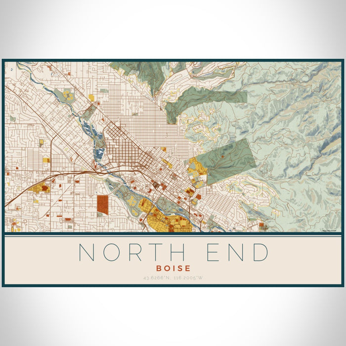 North End Boise Map Print Landscape Orientation in Woodblock Style With Shaded Background