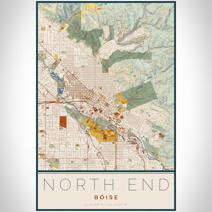 North End Boise Map Print Portrait Orientation in Woodblock Style With Shaded Background