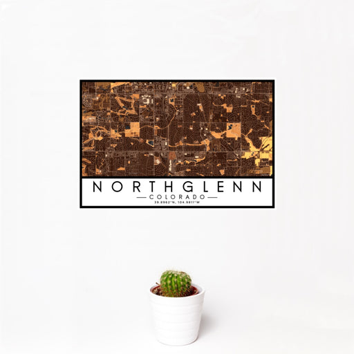 12x18 Northglenn Colorado Map Print Landscape Orientation in Ember Style With Small Cactus Plant in White Planter