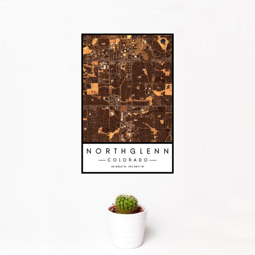 12x18 Northglenn Colorado Map Print Portrait Orientation in Ember Style With Small Cactus Plant in White Planter