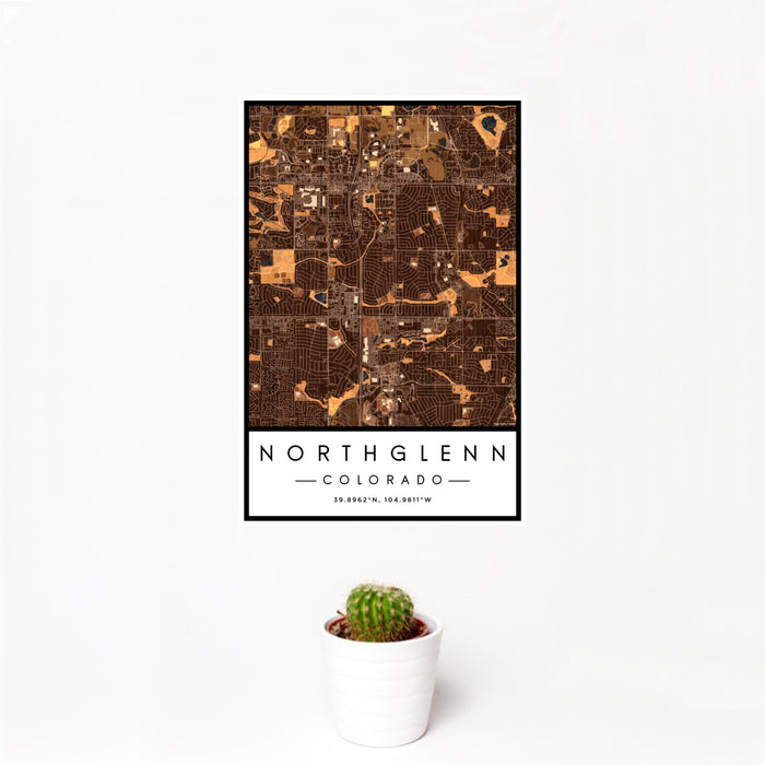 12x18 Northglenn Colorado Map Print Portrait Orientation in Ember Style With Small Cactus Plant in White Planter