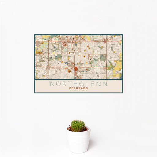 12x18 Northglenn Colorado Map Print Landscape Orientation in Woodblock Style With Small Cactus Plant in White Planter