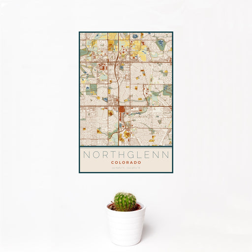 12x18 Northglenn Colorado Map Print Portrait Orientation in Woodblock Style With Small Cactus Plant in White Planter