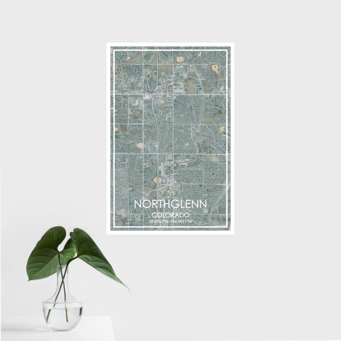 16x24 Northglenn Colorado Map Print Portrait Orientation in Afternoon Style With Tropical Plant Leaves in Water