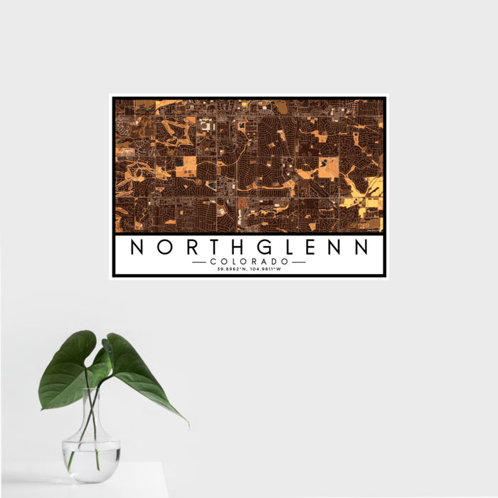 16x24 Northglenn Colorado Map Print Landscape Orientation in Ember Style With Tropical Plant Leaves in Water