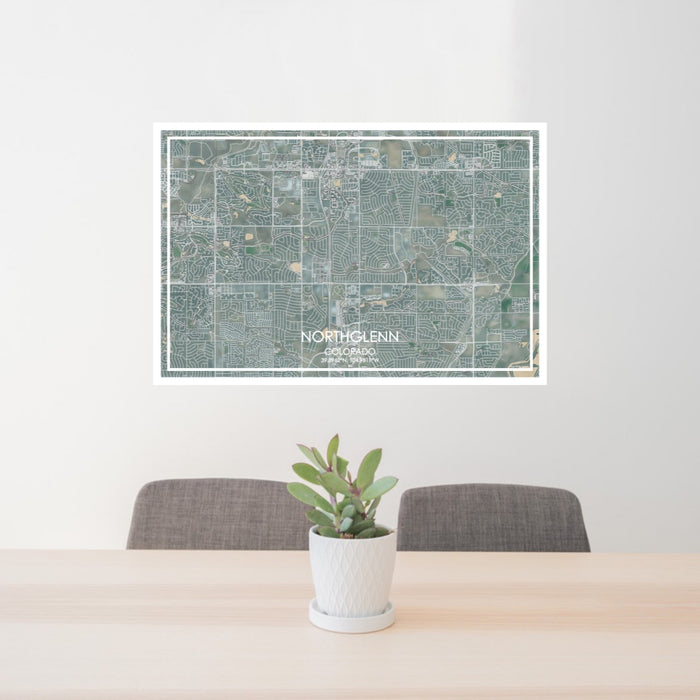 24x36 Northglenn Colorado Map Print Lanscape Orientation in Afternoon Style Behind 2 Chairs Table and Potted Plant