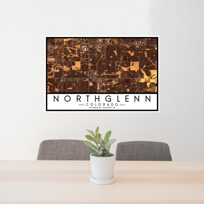 24x36 Northglenn Colorado Map Print Lanscape Orientation in Ember Style Behind 2 Chairs Table and Potted Plant