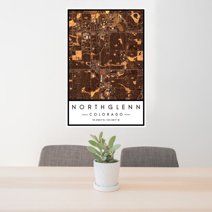24x36 Northglenn Colorado Map Print Portrait Orientation in Ember Style Behind 2 Chairs Table and Potted Plant